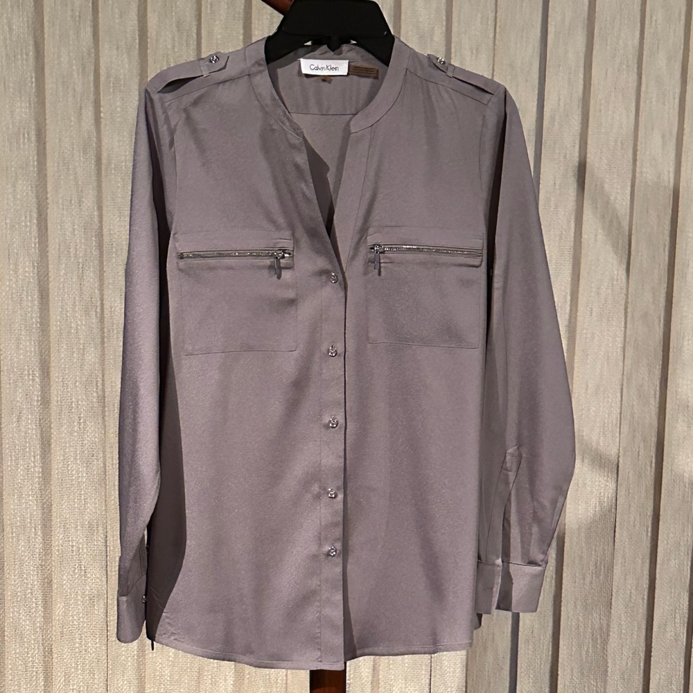 Calvin Klein Gray Long Sleeve Zip Pocket Button Front Blouse